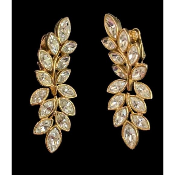 KENNETH JAY LANE MARQUISE CRYSTAL RHINESTONE LEAF DANGLE CLIP-ON EARRINGS - Picture 1 of 7